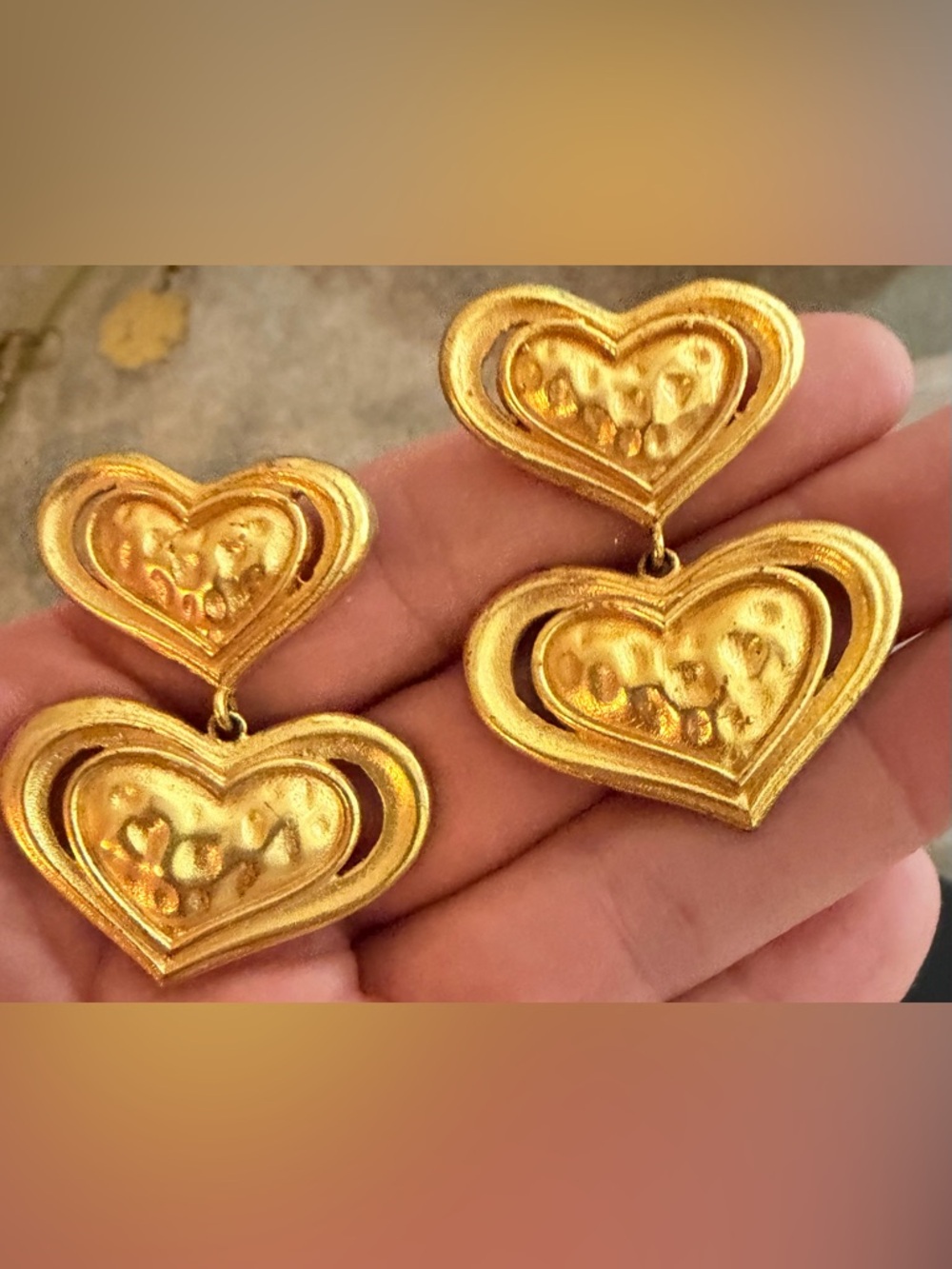 Gold Plated Heart Drop Earrings - Women's Statement Jewelry - Picture 4 of 5